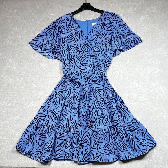 Eliza J Dress 20W Periwinkle Blue Animal Print Zebra Stripe Ruffle Sleeve Dress - Picture 1 of 13